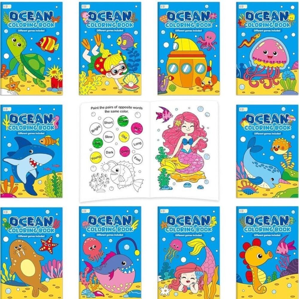 10 Pack Coloring Books for Kids, Ocean Theme Coloring Page with Games
